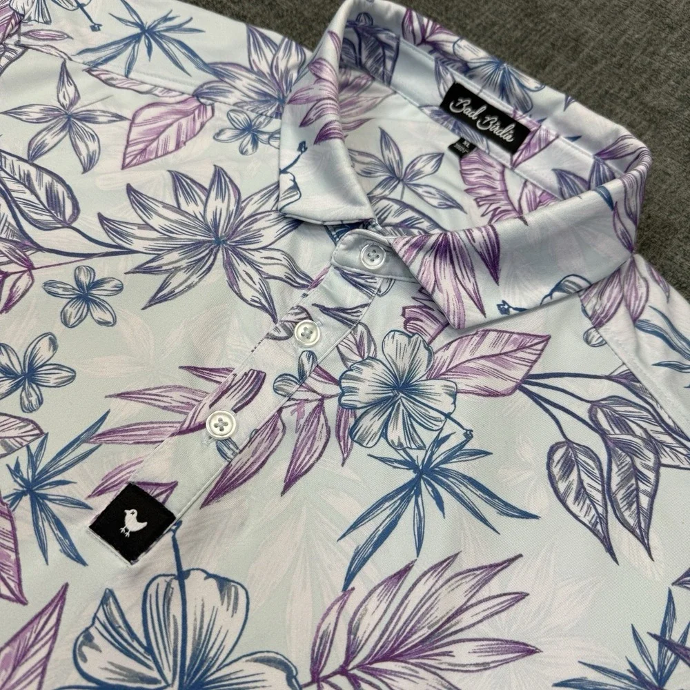 Bad Birdie Golf Polo Shirt Mens XL White Tropical Floral Hawaiian Stretch